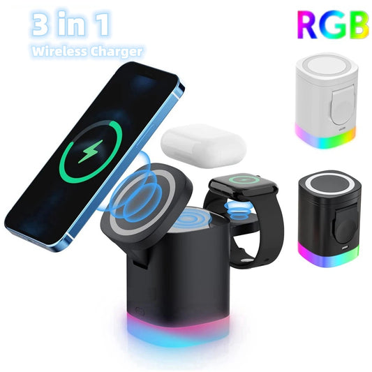 Chargeur magnétique sans fil 3 en 1 à charge rapide pour smartphone, station de charge avec lumière d'ambiance RGB pour AirPods et Apple Watch